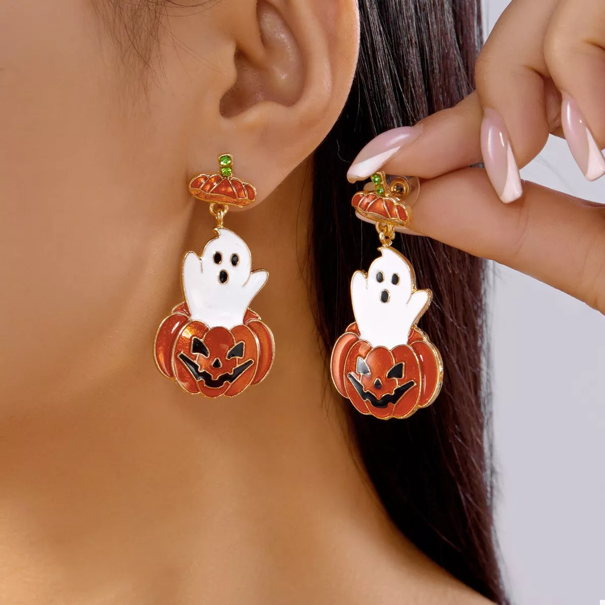 Halloween Ghost Pumpkin Dangle Earrings Orange One Size OutfitFlow