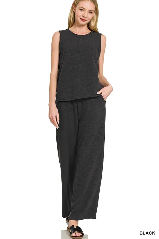 Zenana Cotton Slub Tank & Pants Set BLACK OutfitFlow