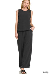 Zenana Cotton Slub Tank & Pants Set BLACK OutfitFlow