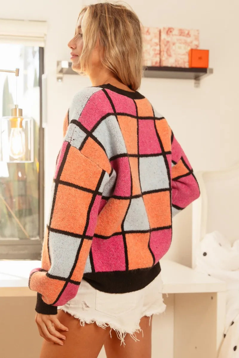BiBi Multi Color Checker Pattern Sweater OutfitFlow