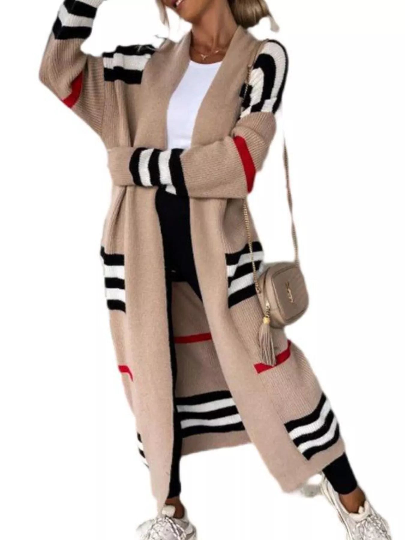 Striped Longline Open Front Cardigan Tan OutfitFlow
