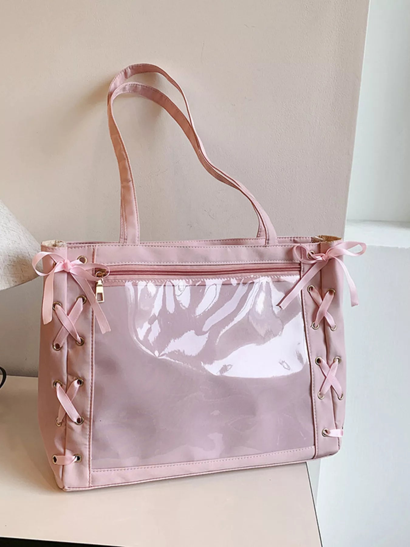 Lace-Up Trim Clear Panel Shoulder Bag OutfitFlow