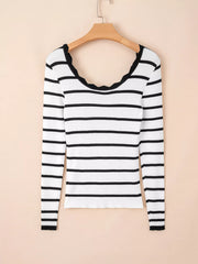 Scalloped Trim U Neck Striped Ribbed Slim Knit Top OutfitFlow