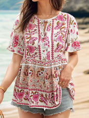 Floral Print Tie Neck Flutter Sleeve Blouse OutfitFlow