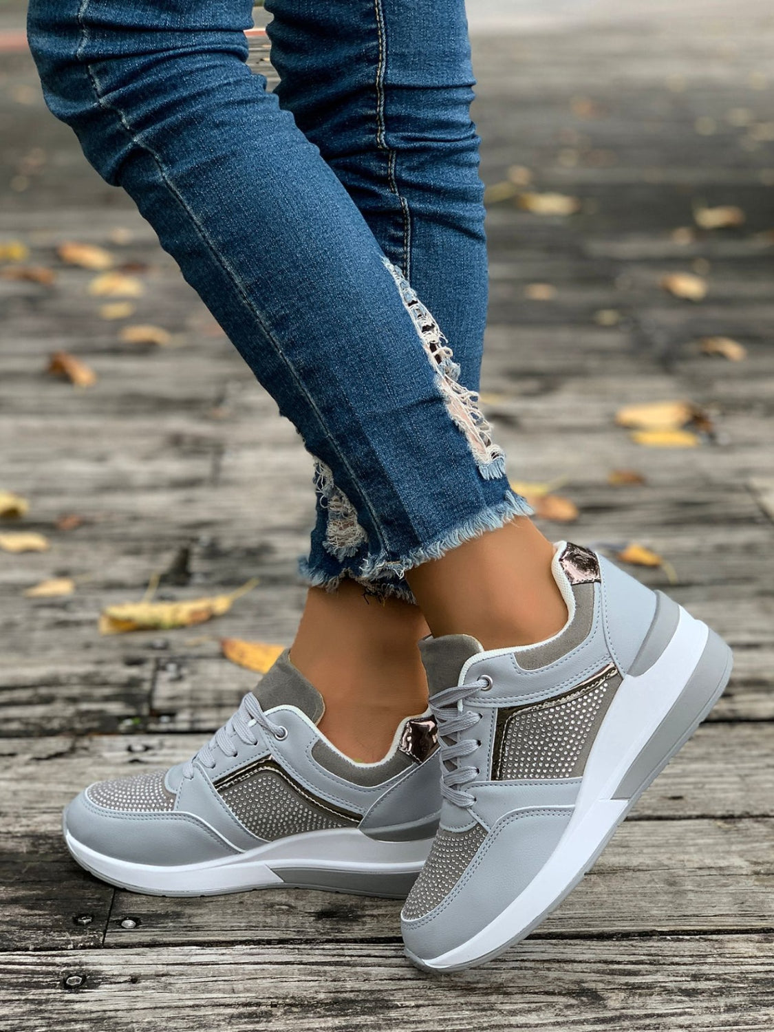 Outfit Flow - Lace-Up Rhinestone Wedge Sneakers