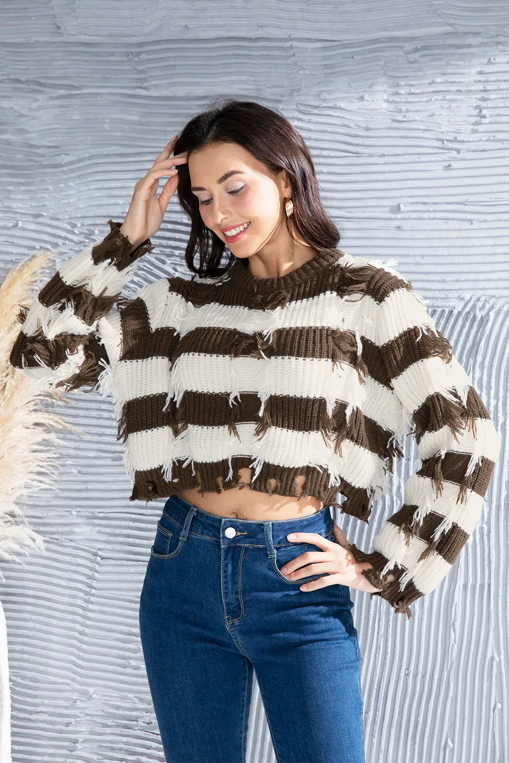 Striped Fringe Round Neck Sweater OutfitFlow