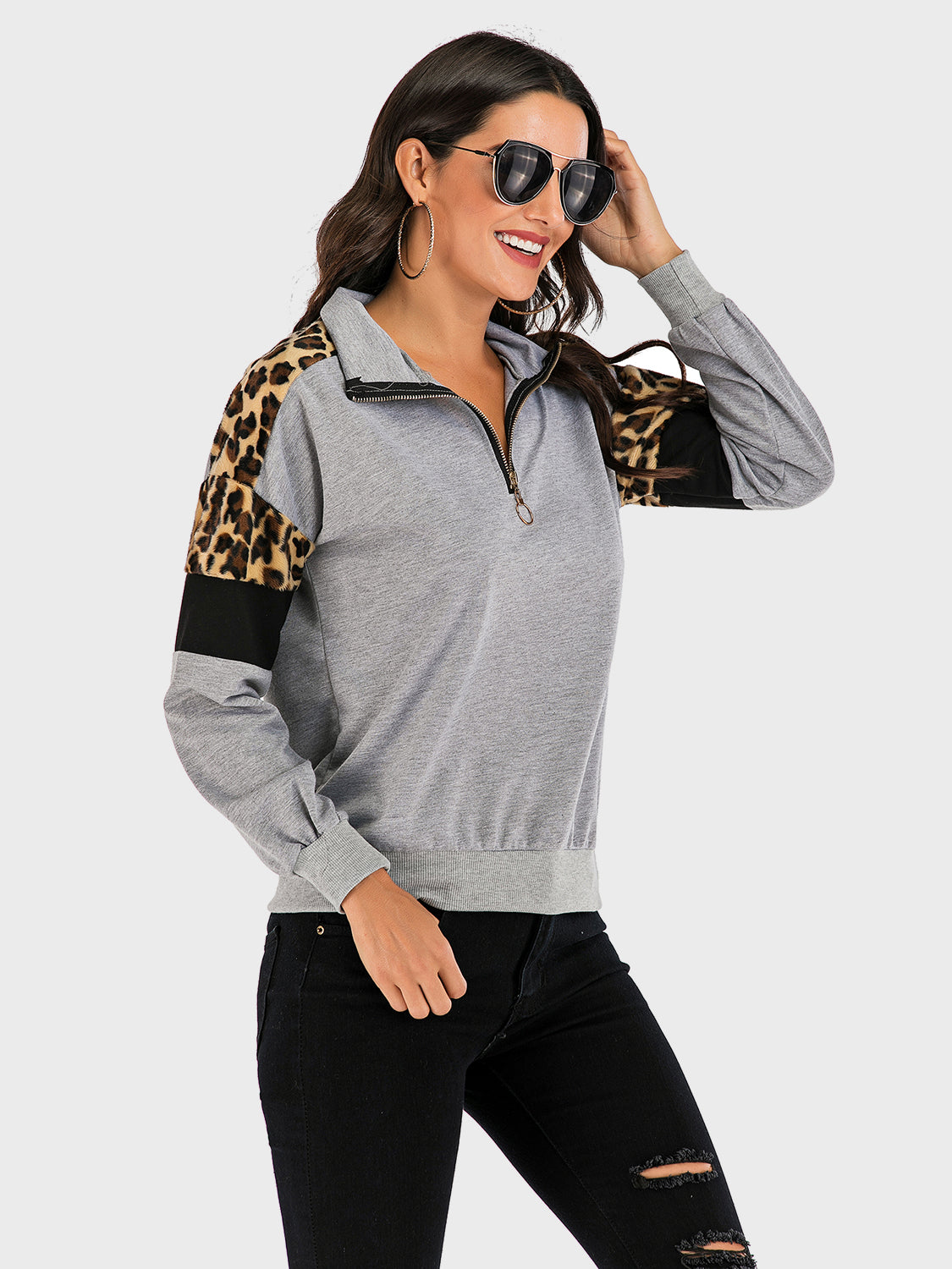 Outfit Flow - Perfee Contrast Leopard Half Zip Long Sleeve Sweatshirt