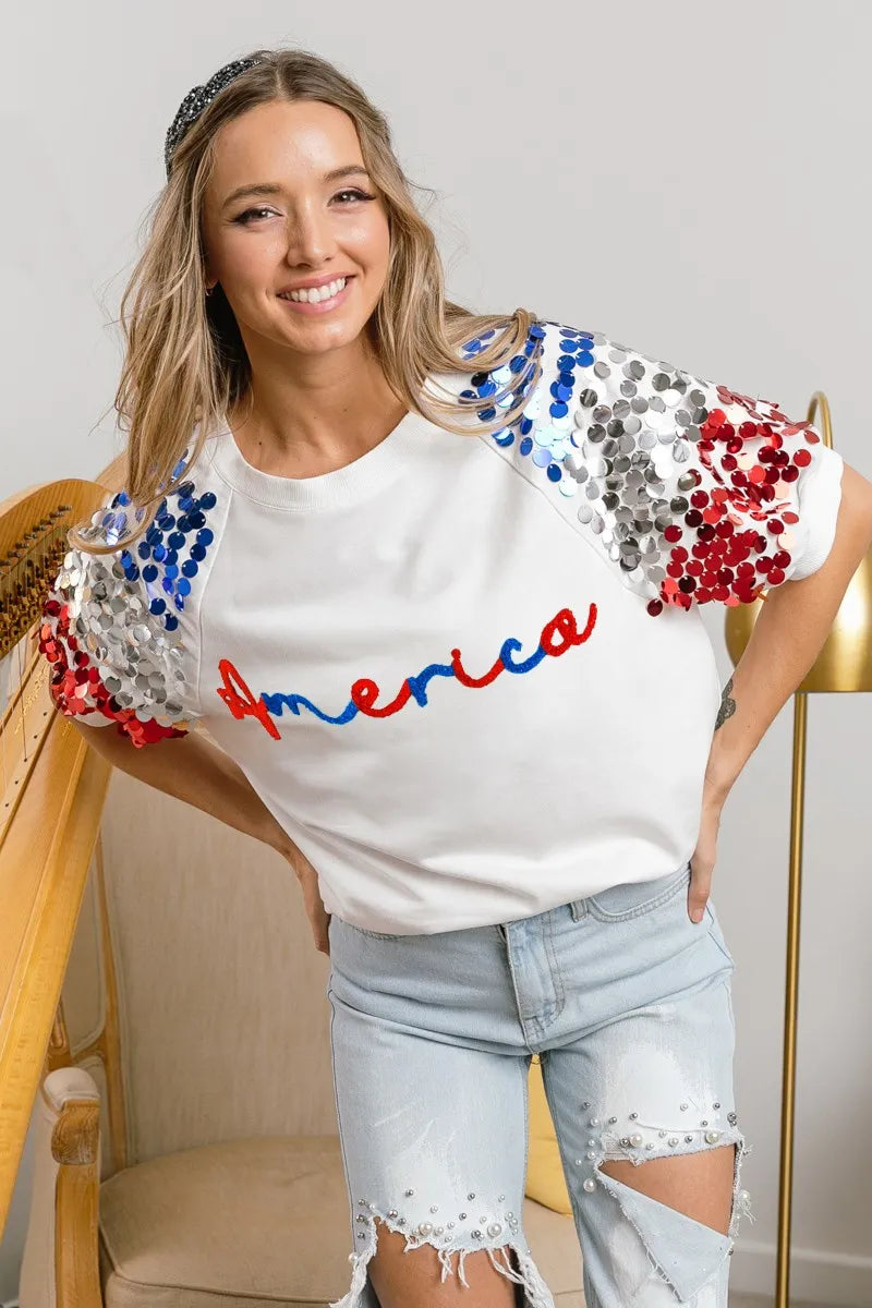BiBi America Letter Applique Spangle Puff Sleeves Top OutfitFlow