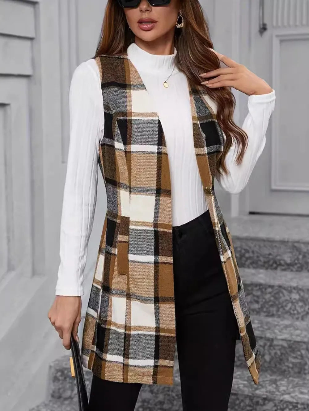 Plaid V-Neck Vest Coat Camel Trendsi