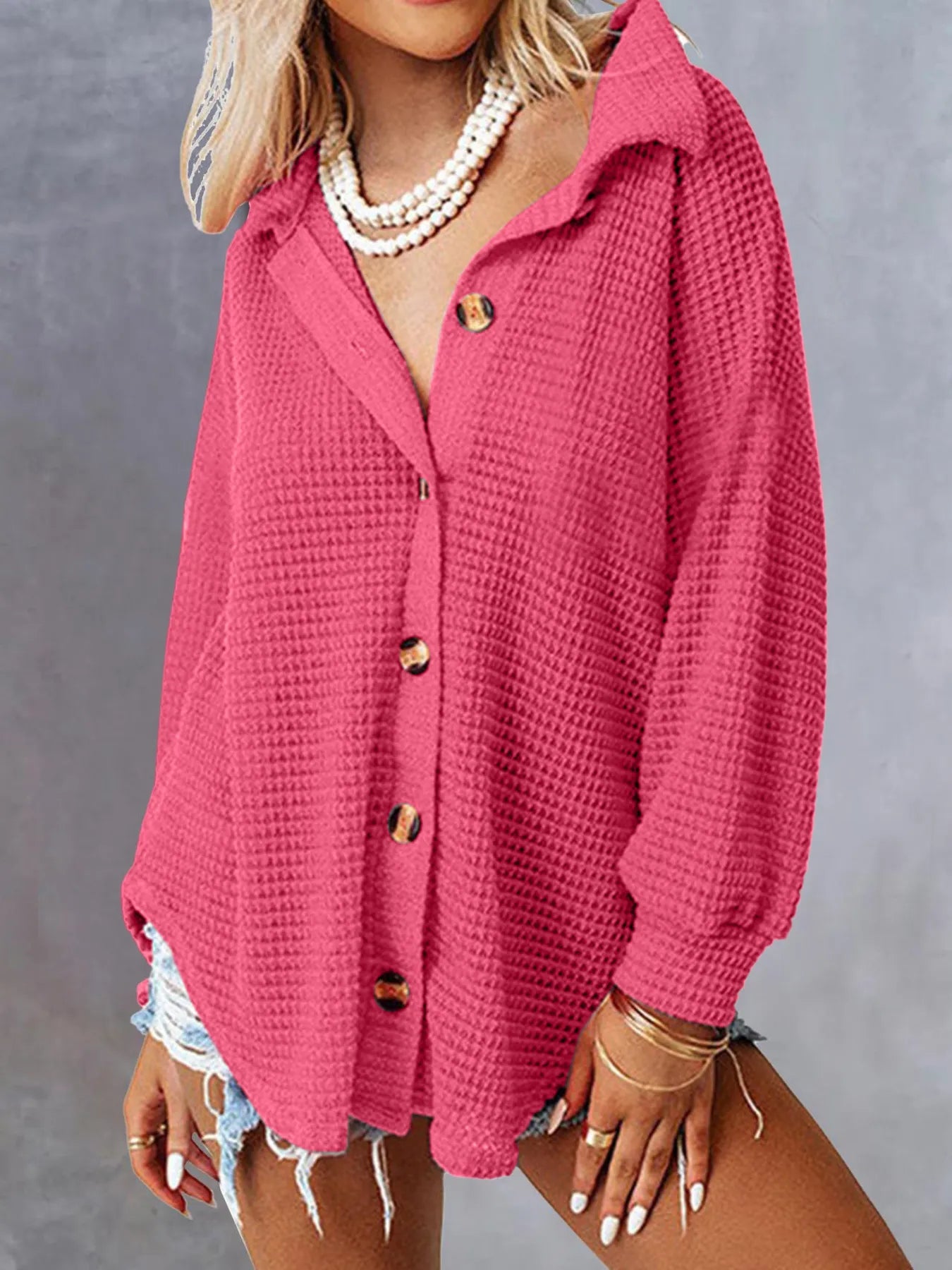 Waffle Knit Button-Down Shirt Rose Red OutfitFlow
