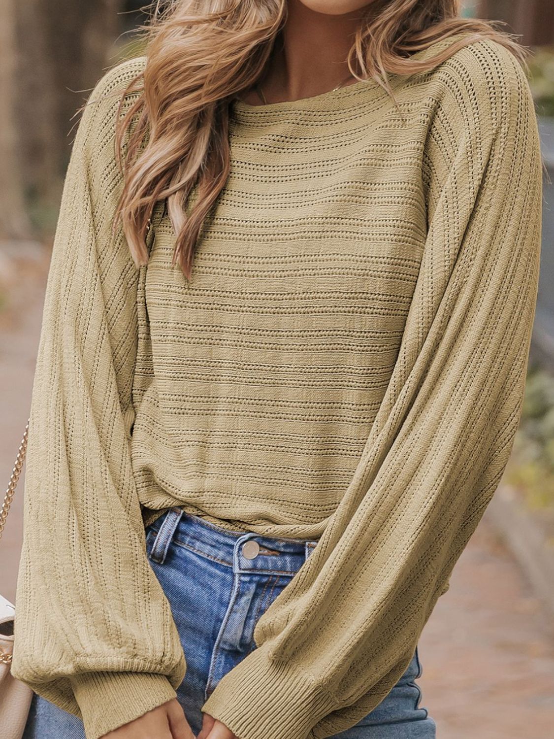 Outfit Flow - Eyelet Boat Neck Long Sleeve Knit Top