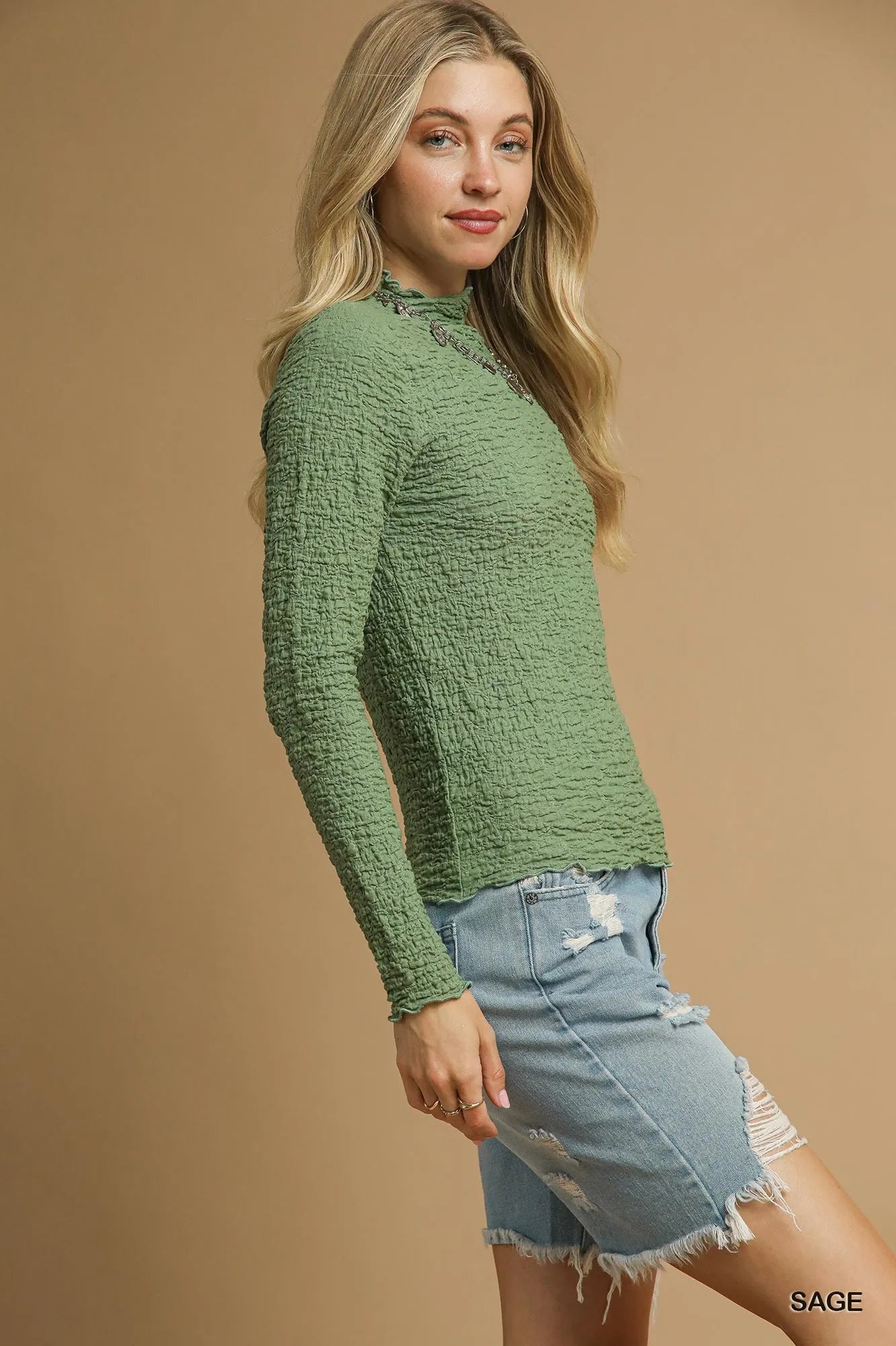 Umgee Textured Crinkle Knit Long Sleeve Top Trendsi
