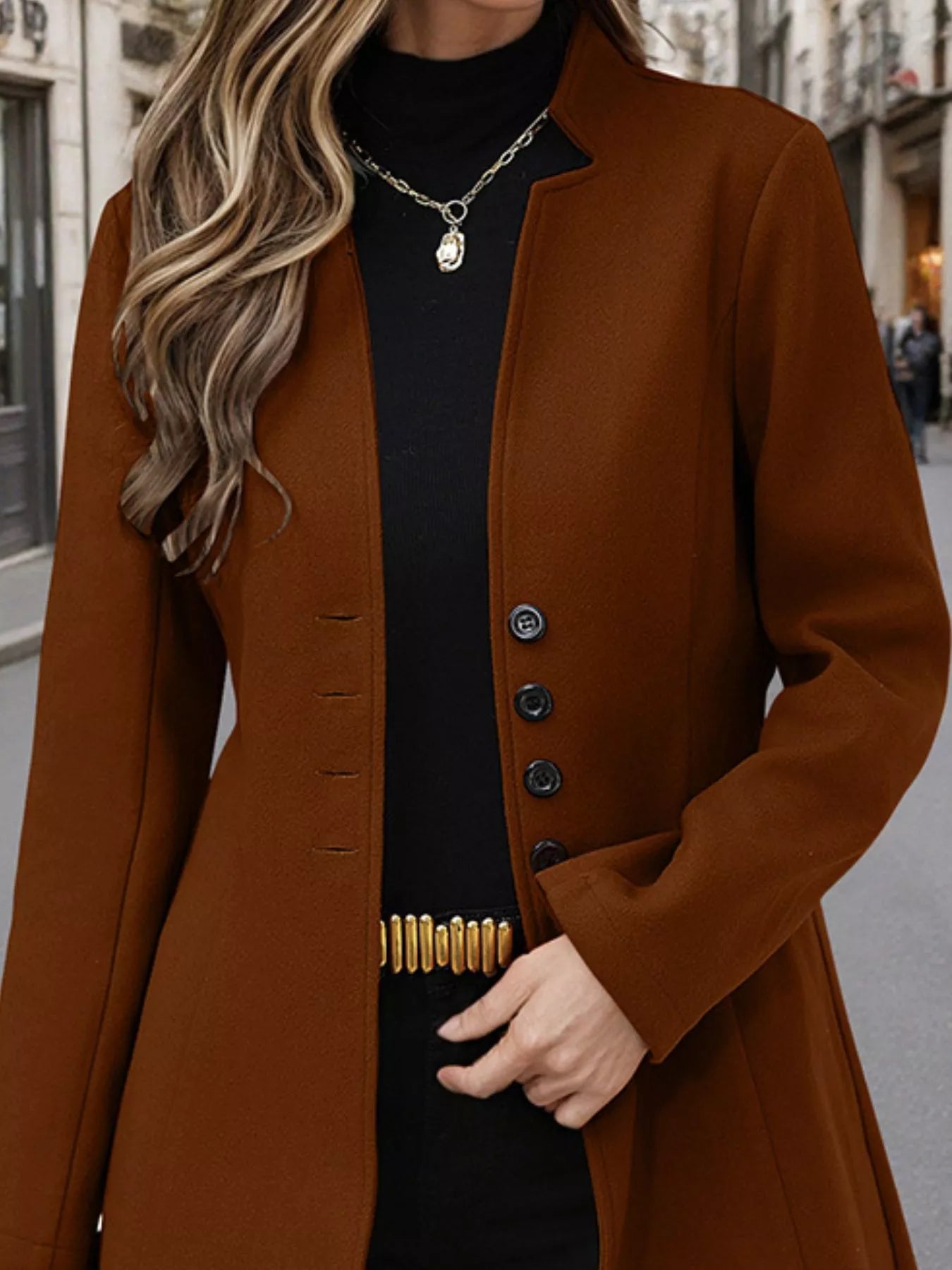 Button Up Long Sleeve Coat Trendsi