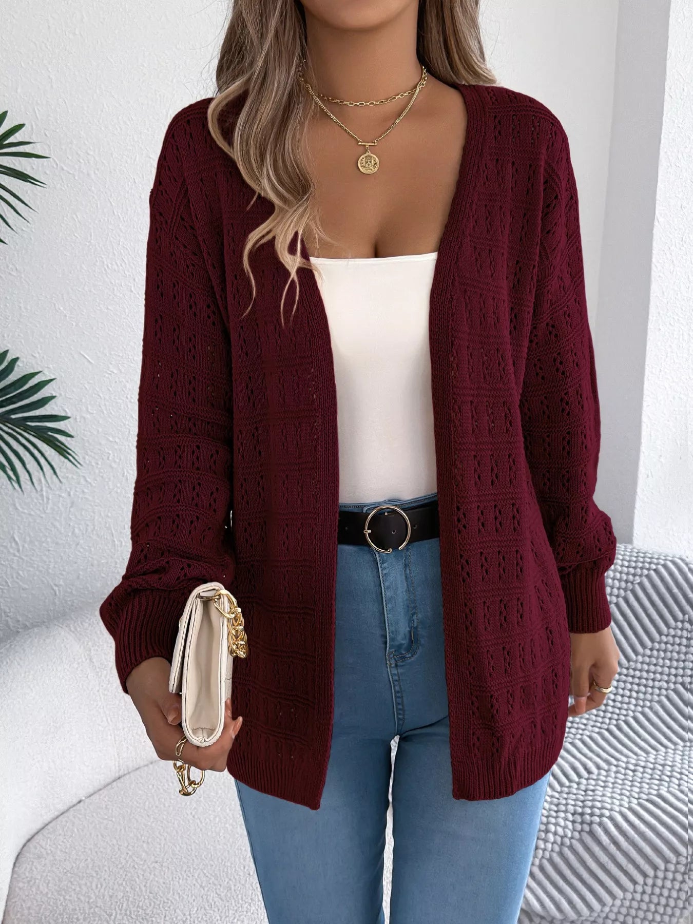 Open-Front Crochet Knit Cardigan OutfitFlow