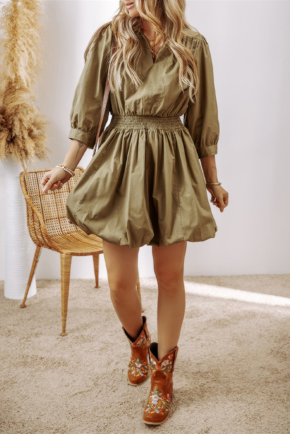 Outfit Flow - Smocked Johnny Collar Three-Quarter Sleeve Mini Dress