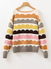 Wave Striped Balloon Sleeve Drop Shoulder Sweater OutfitFlow