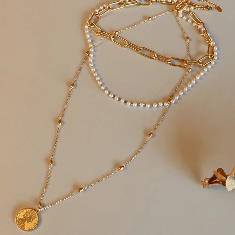 Synthetic Pearl Titanium Steel Three-Layered Necklace OutfitFlow