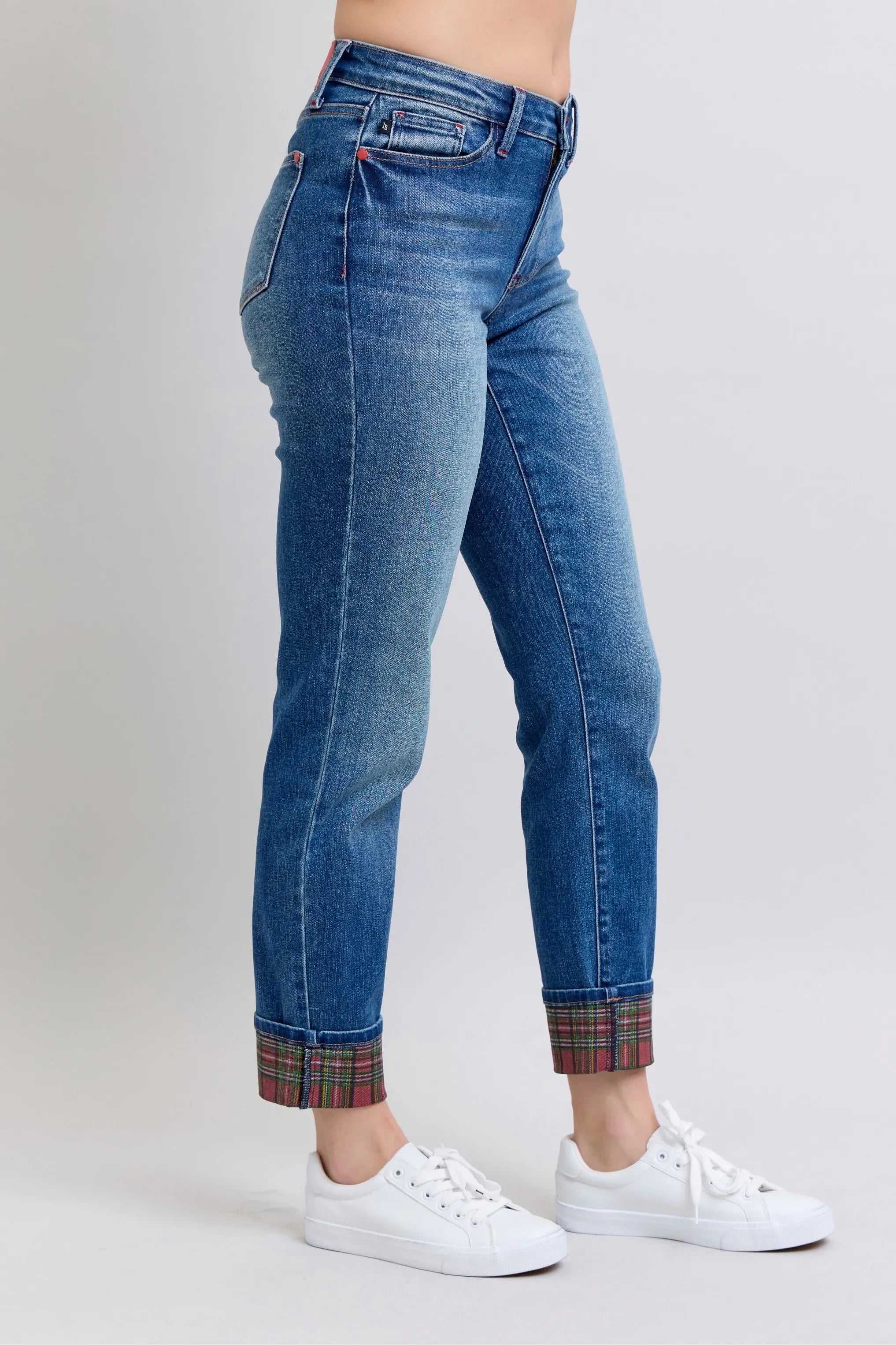 Judy Blue Full Size Mr Plaid Print Cuff Bf Jeans Plus Size OutfitFlow