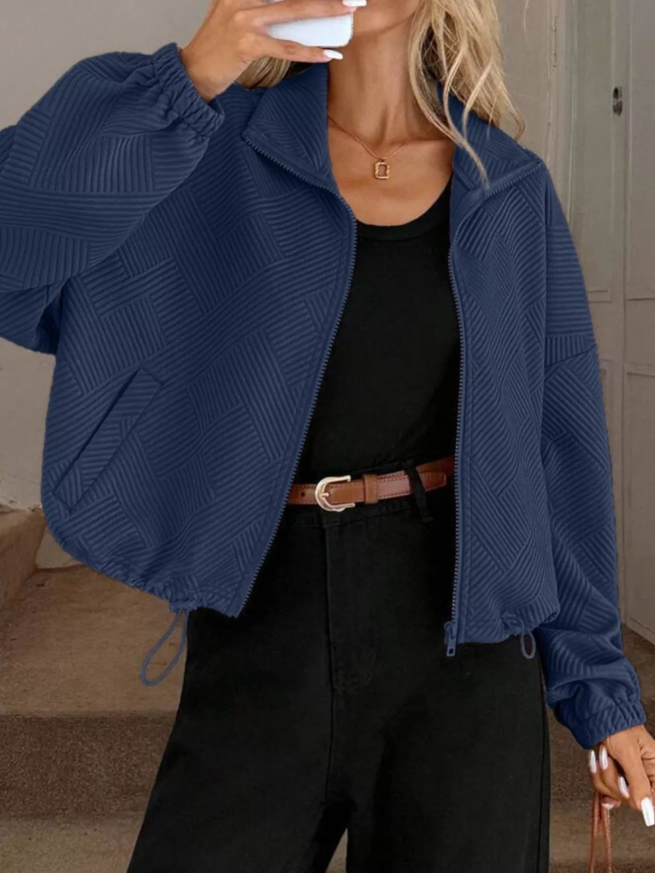 Textured Zip-Up Drawstring Hem Jacket Trendsi