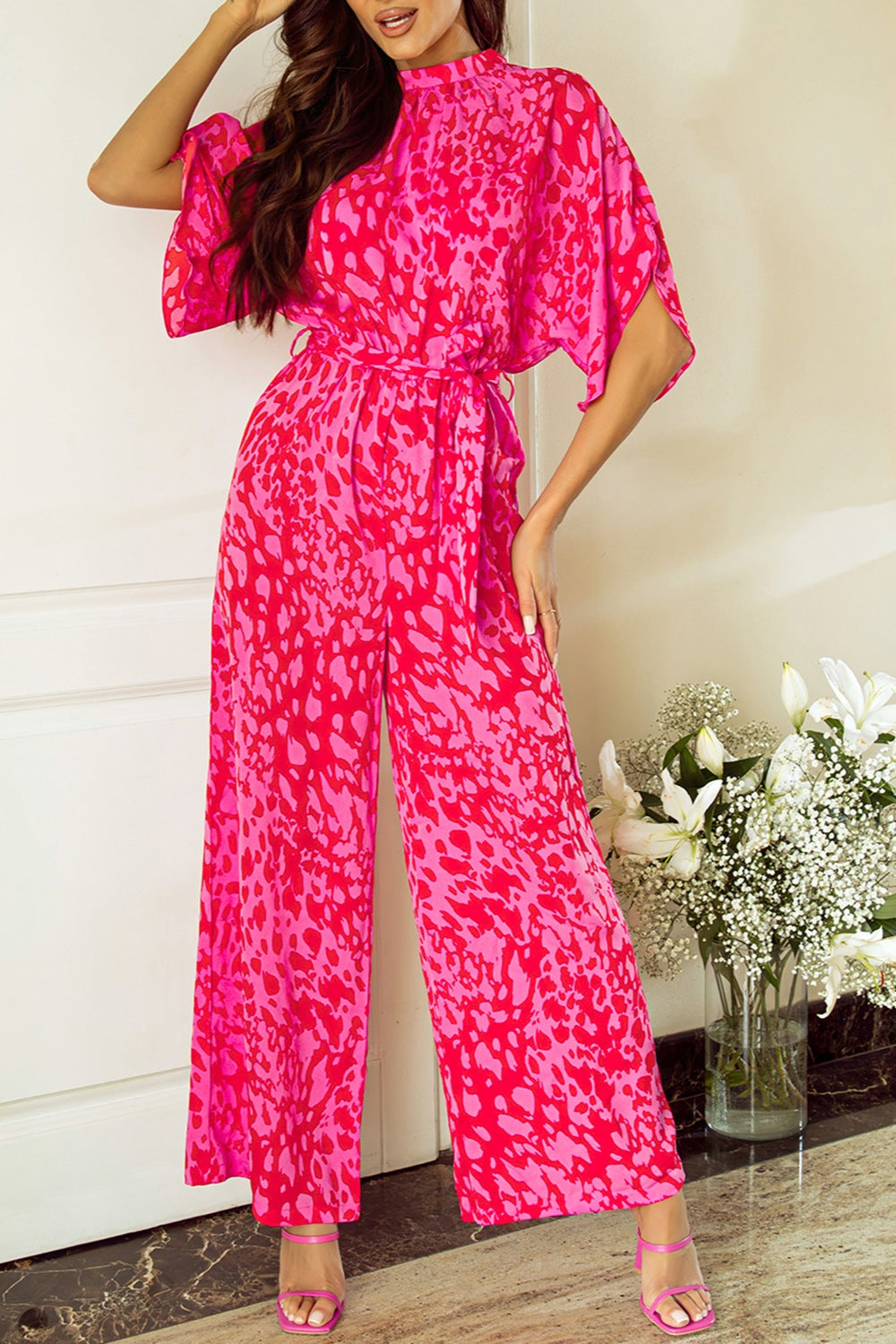 Outfit Flow - Printed Mock Neck Kimono Sleeve Jumpsuit