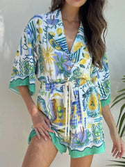 Printed Collared Neck Half Sleeve Romper OutfitFlow