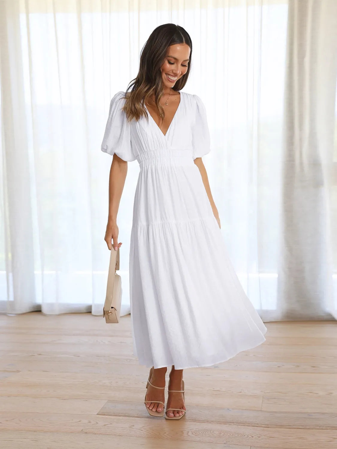 Surplice Half Puff Sleeve Midi Dress OutfitFlow