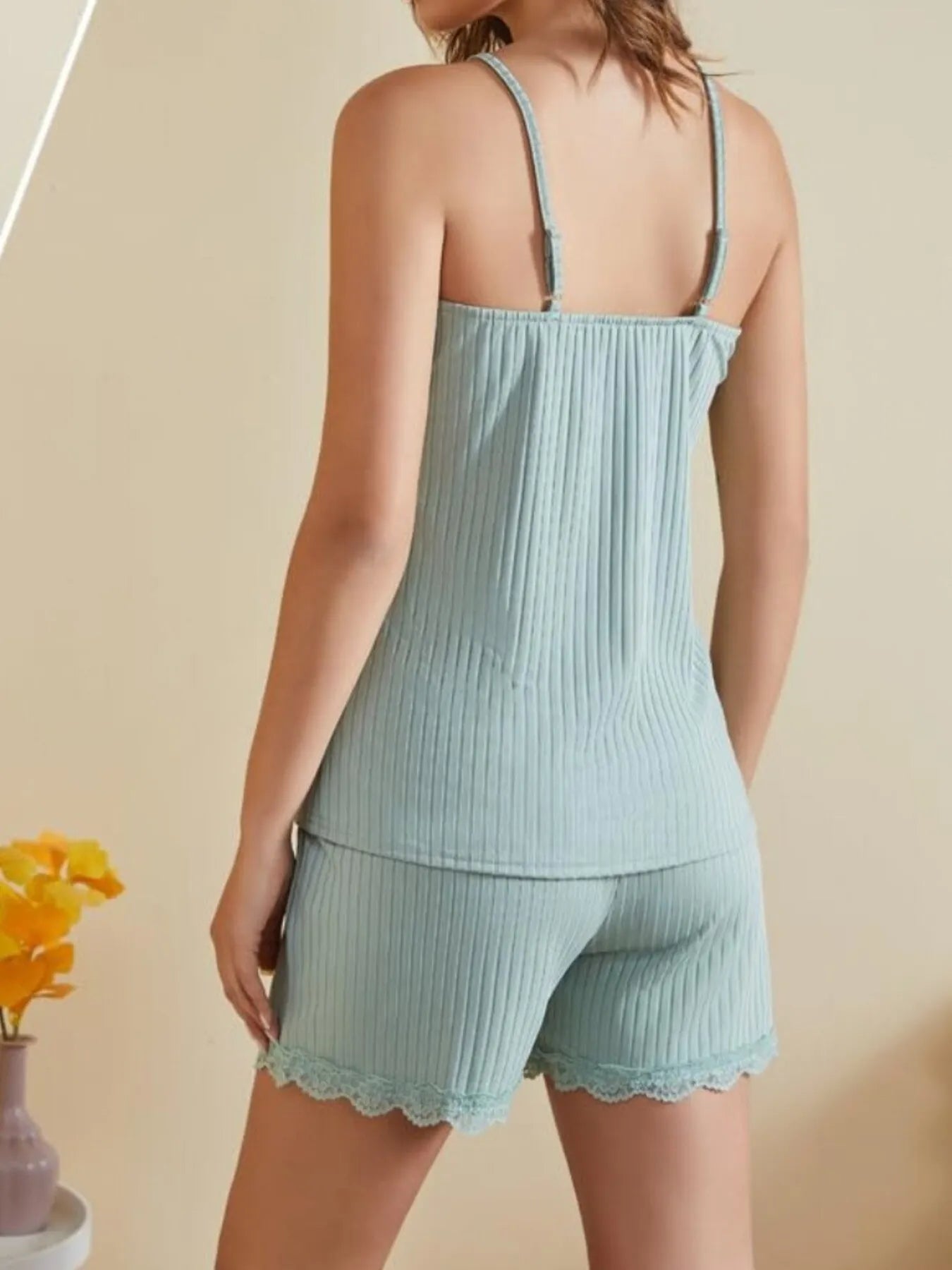 Lace-Trimmed Ribbed Cami and Shorts Lounge Set OutfitFlow