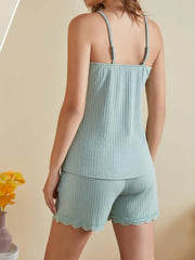 Lace-Trimmed Ribbed Cami and Shorts Lounge Set OutfitFlow