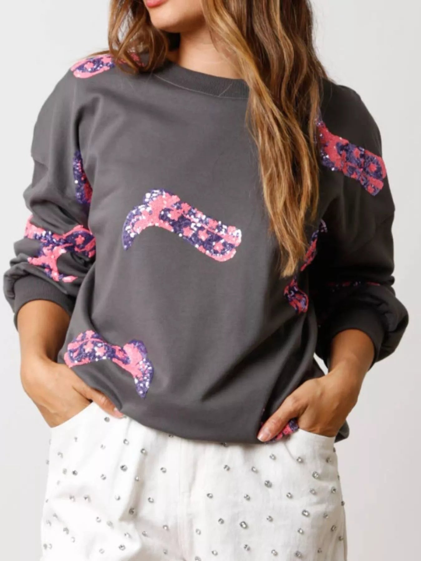 Sequin Boot Crewneck Sweatshirt OutfitFlow