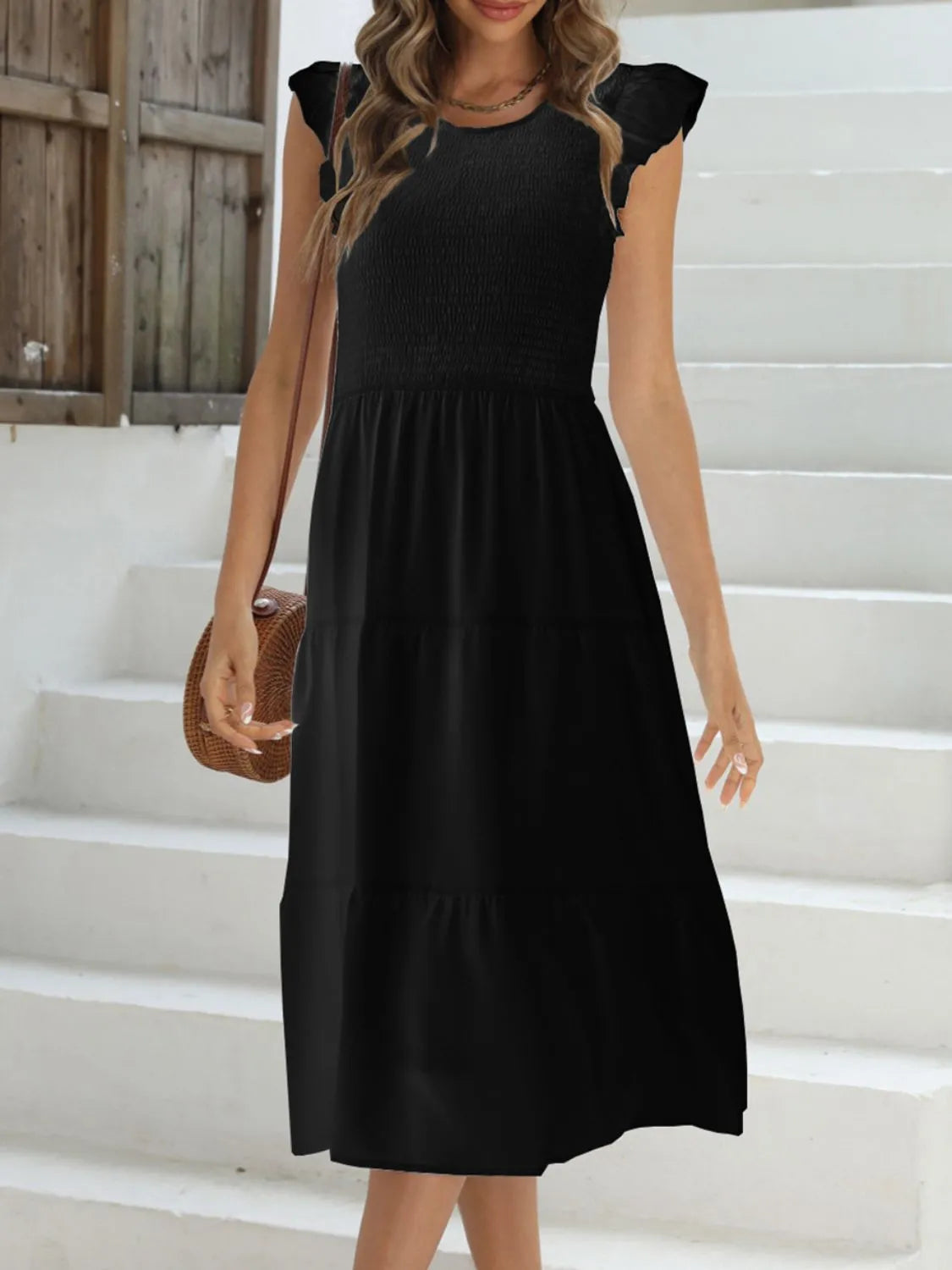 Ruffled Round Neck Cap Sleeve Dress OutfitFlow
