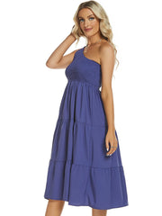 One-Shoulder Tiered Midi Dress with Smocked Bodice OutfitFlow