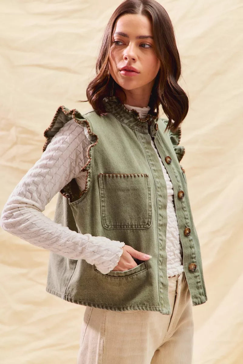 SO ME Washed Denim Stitch Ruffled Hidden Button Vest Top OutfitFlow