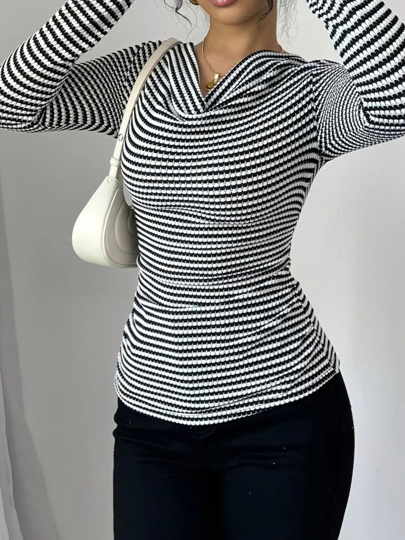 Striped Cowl Neck Long Sleeve T-Shirt OutfitFlow