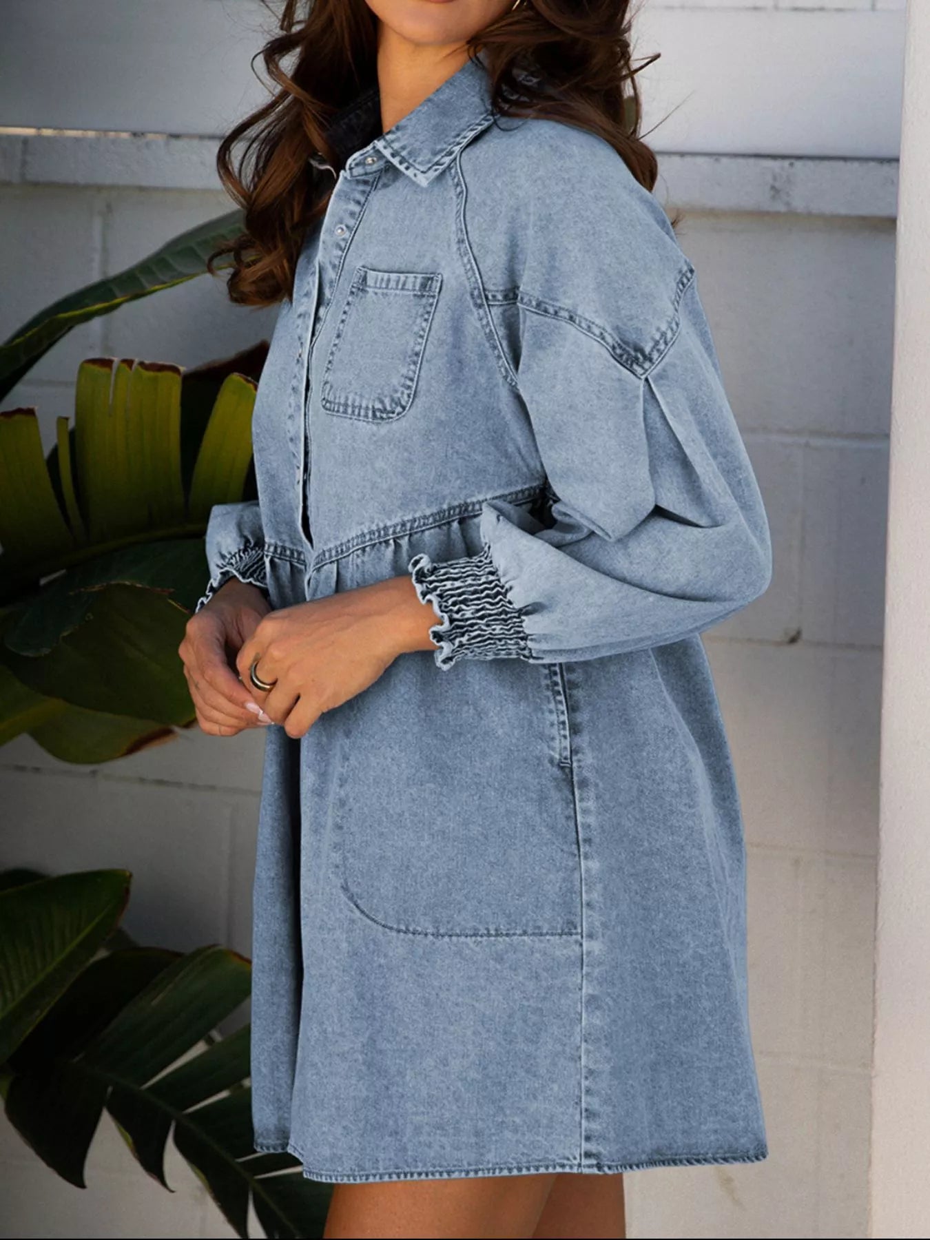 Smocked Cuffs Flared Denim Shirt Mini Dress Trendsi