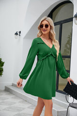 Frill Trim V-Neck Long Sleeve Dress OutfitFlow