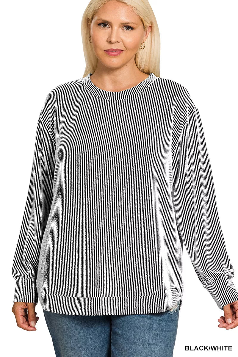 Zenana Full Size Raised Rib Round Neck Long Sleeve Top Plus Size OutfitFlow
