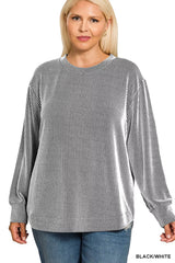 Zenana Full Size Raised Rib Round Neck Long Sleeve Top Plus Size OutfitFlow