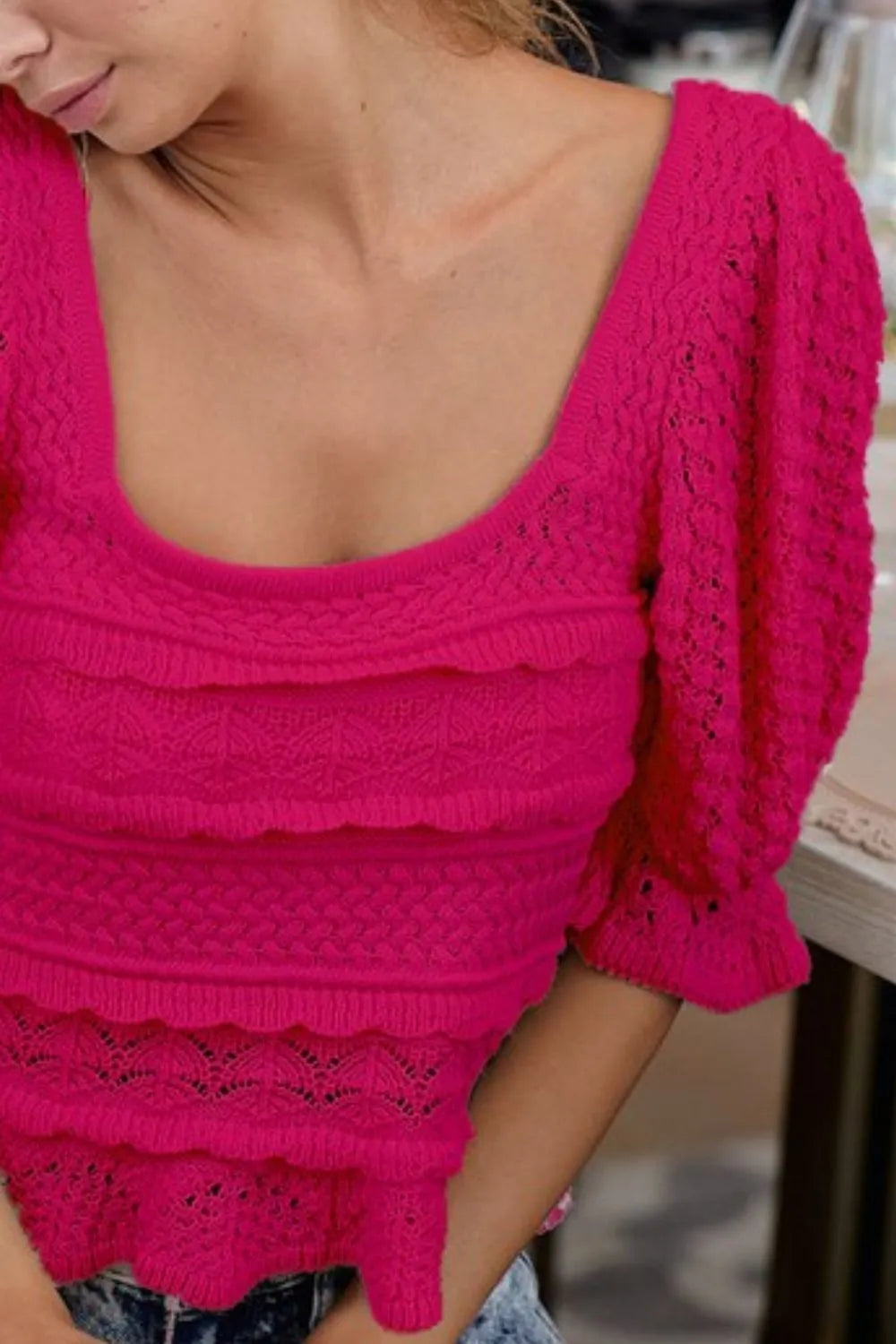 BiBi Square Neckline with Puff Sleeve Crochet Top OutfitFlow