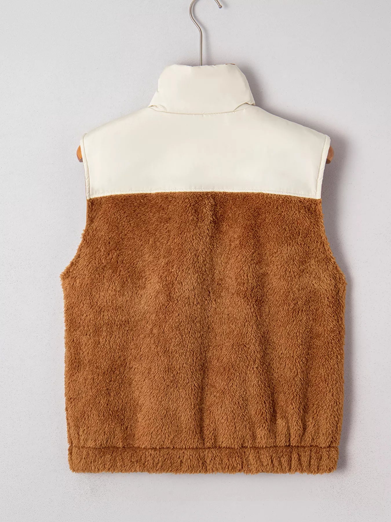Color Block Plush Patchwork Zipper Stand Neck Vest Coat OutfitFlow