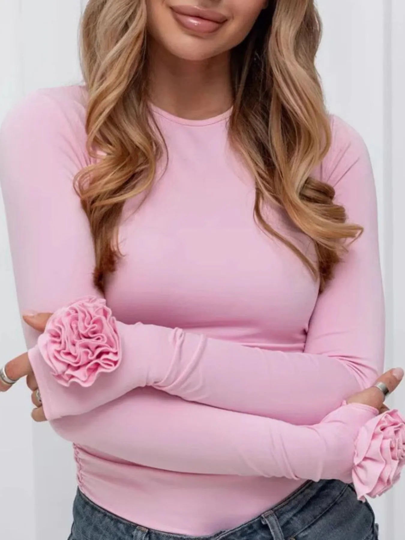 Flower Round Neck Long Sleeve T-Shirt Blush Pink OutfitFlow