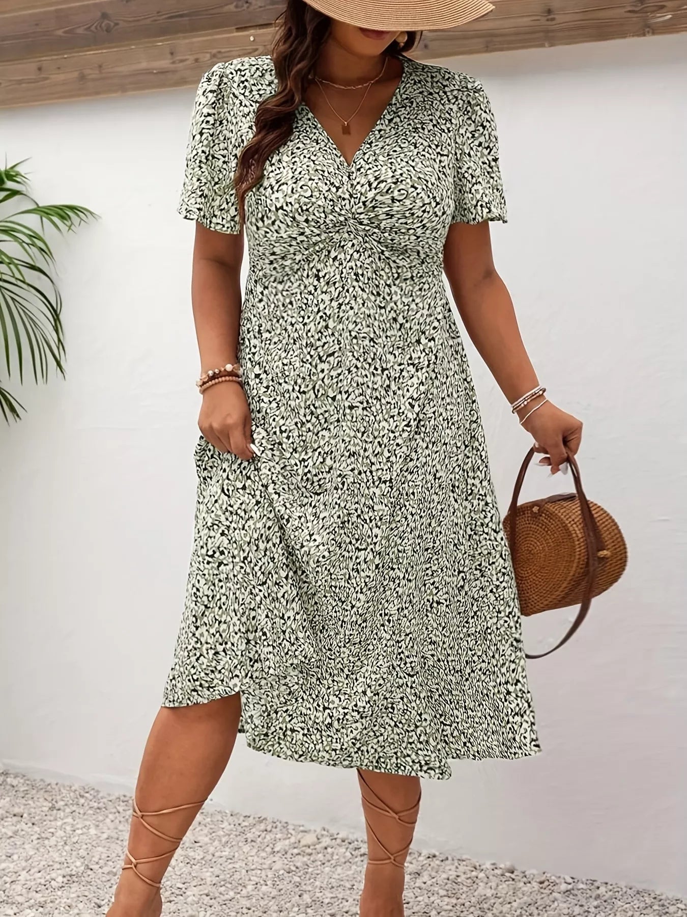 Plus Size Printed V-Neck Short Sleeve Midi Dress OutfitFlow