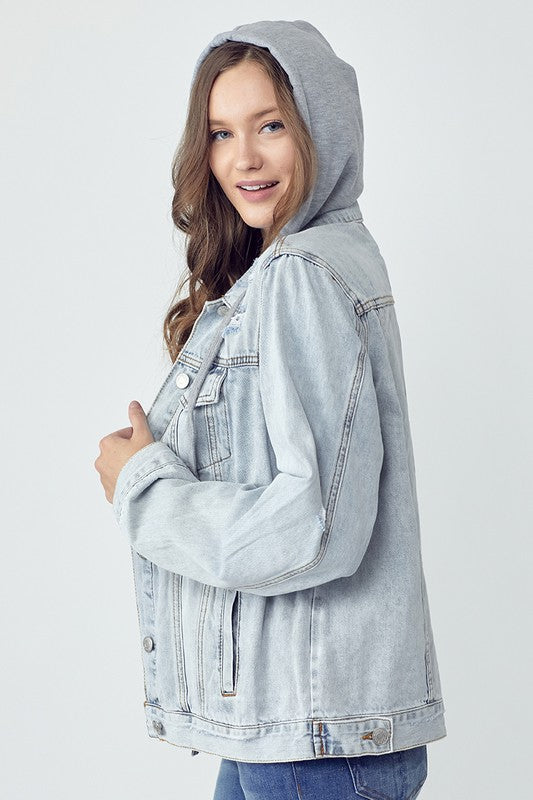 Outfit Flow - RISEN Full Size Distressed Drawstring Hooded Denim Jacket