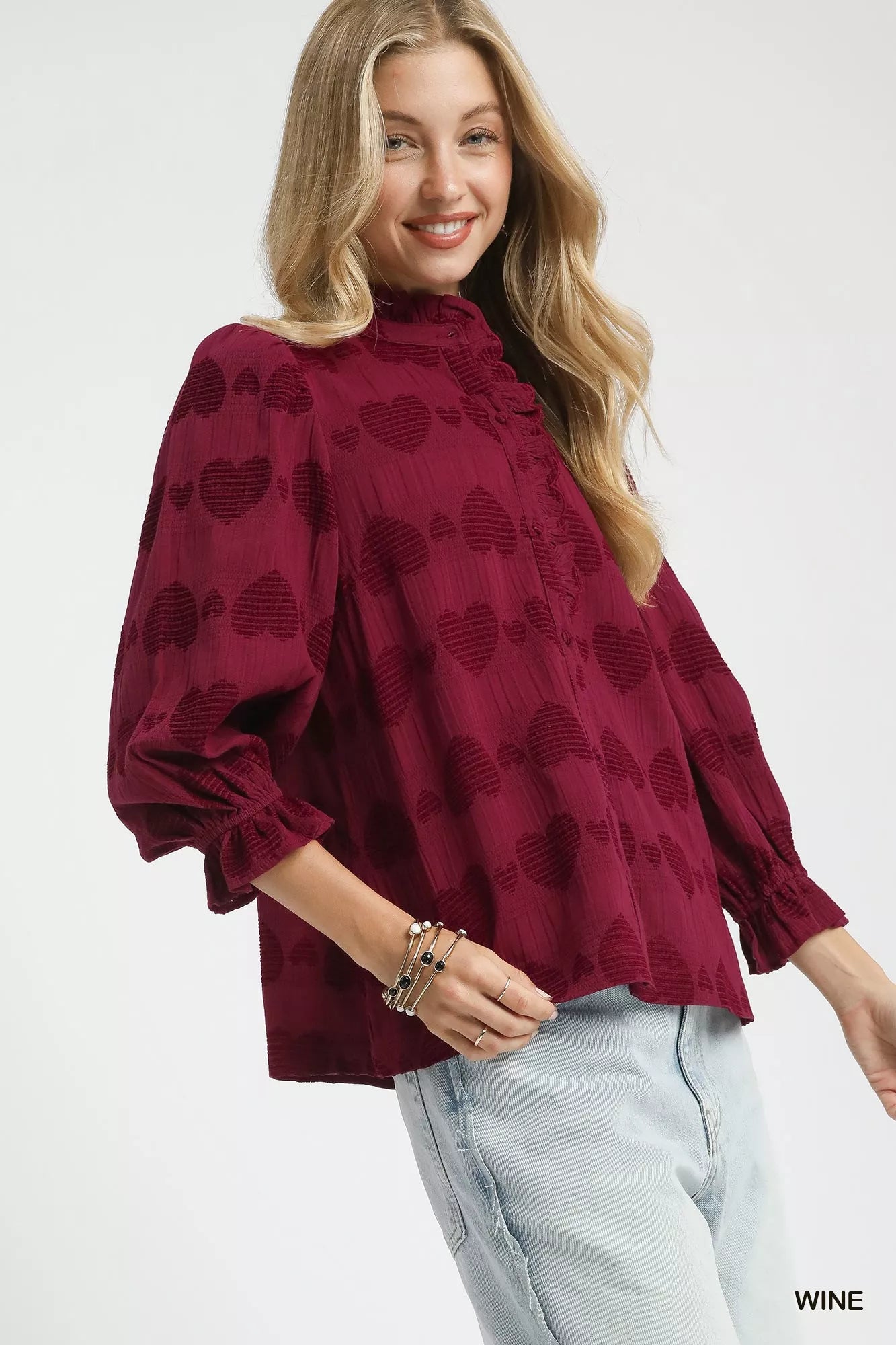 Umgee Heart Jacquard Ruffle Trim Shirt OutfitFlow