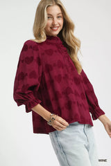 Umgee Heart Jacquard Ruffle Trim Shirt OutfitFlow