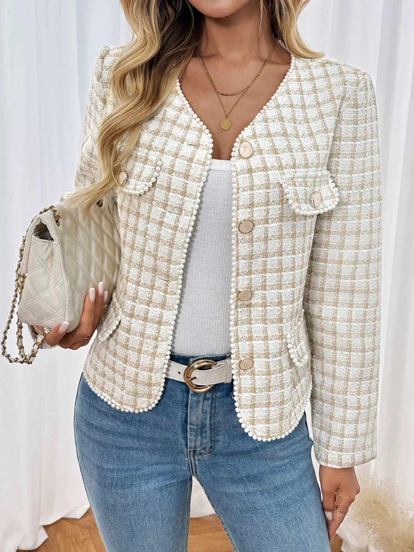 Plaid Button-Front Long Sleeve Outerwear Trendsi