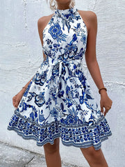 Floral Halter Neck Summer Dress with Belt OutfitFlow