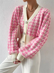 Houndstooth V-Neck Button Up Cardigan OutfitFlow