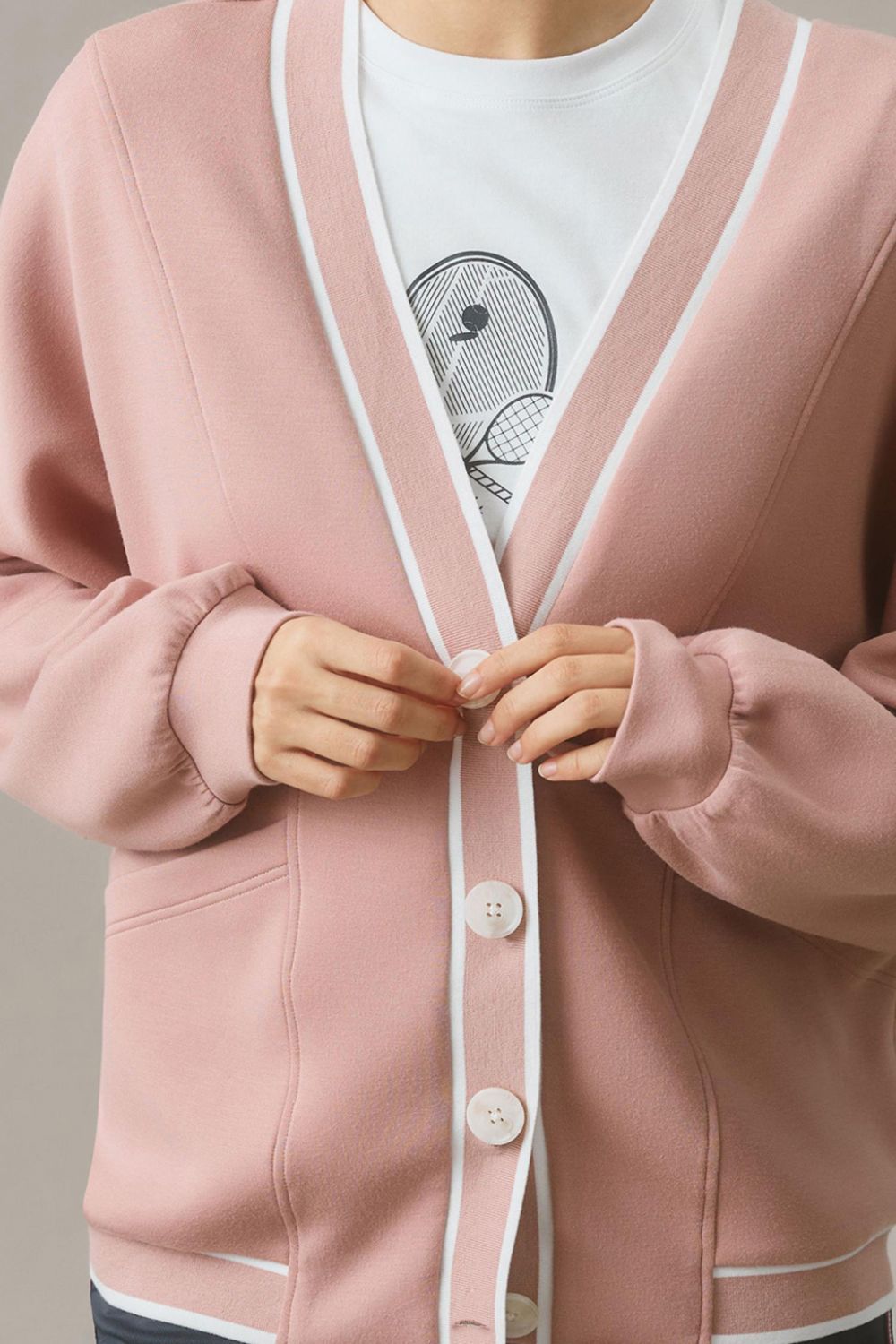 Contrast Trim V Neck Button Up Cardigan OutfitFlow