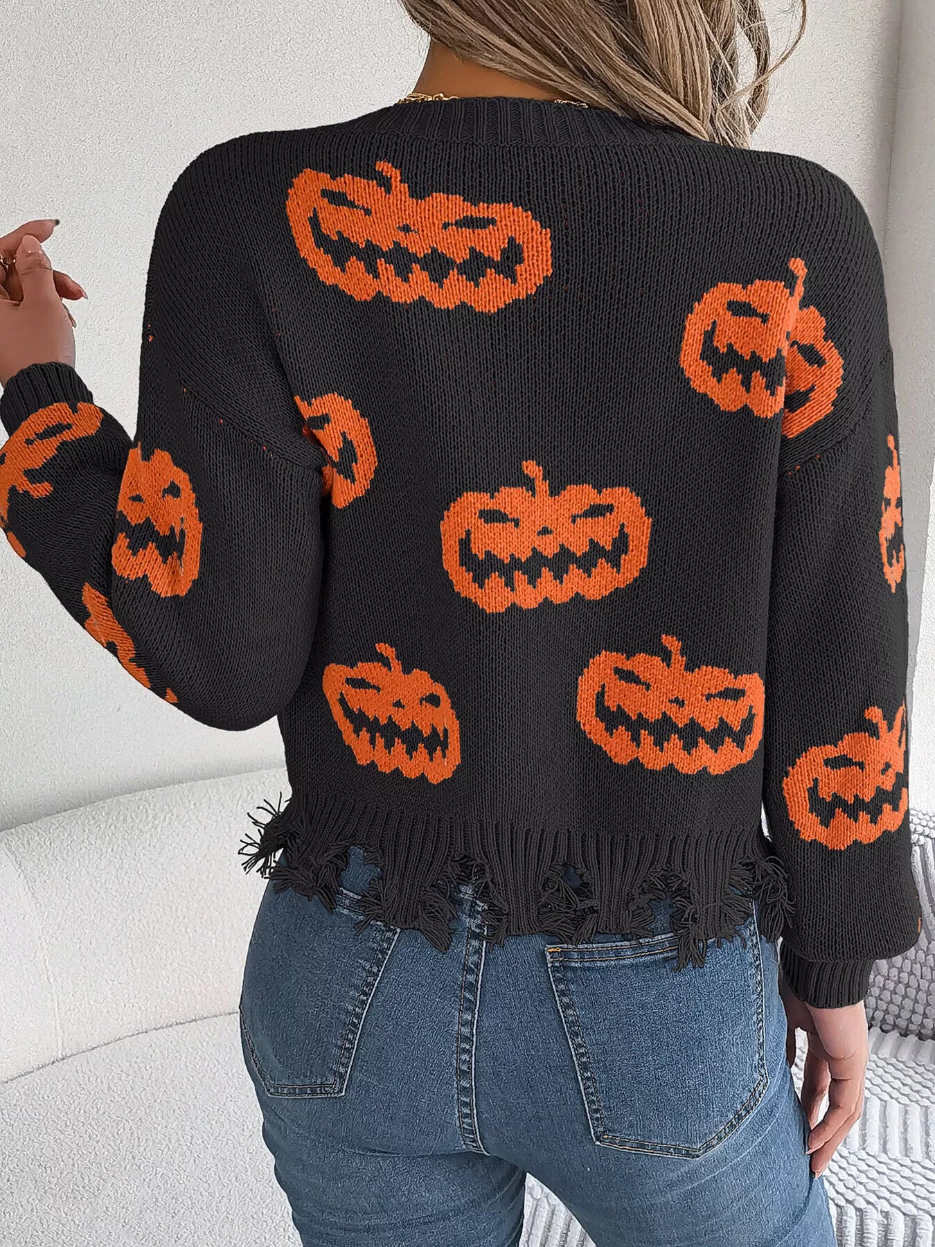 Halloween Pumpkin Pattern Raw Hem V-Neck Sweater OutfitFlow