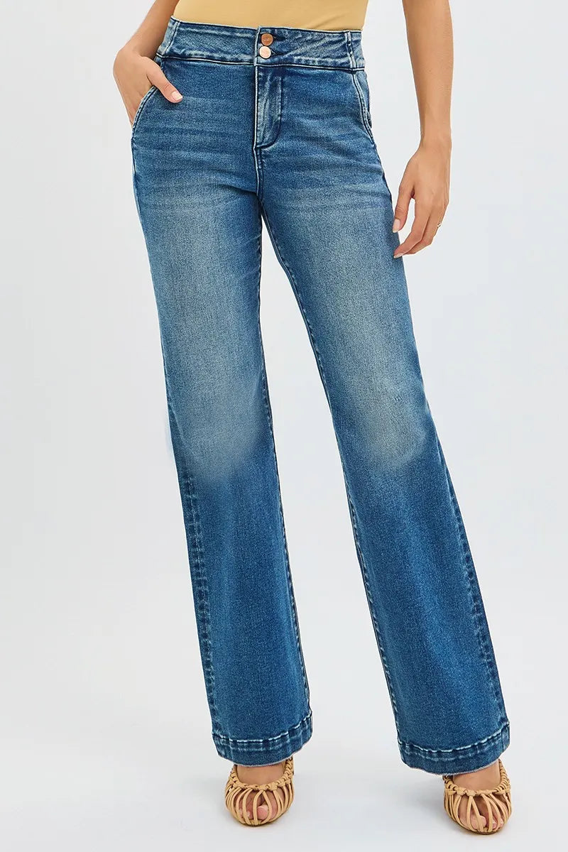 RISEN Full Size Tummy Control High Rise Bootcut Jeans with Double Button Waistband Plus Size Trendsi